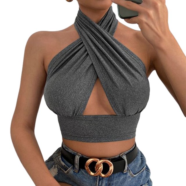 TxlixcChaleco de verano femenino, cuello de tirante cruzado de color sólido sin espalda, para niñas, 4 colores Txlixc moda
