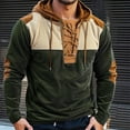 thumbnail image 2 of Momasggi Mens Corduroy Hoodies Lace Up Hooded Sweatshirts Casual Long Sleeve Patchwork Pullover Tops Outdoor Workout Tactical Hoodie with Elbow Patches Army Green L, 2 of 4