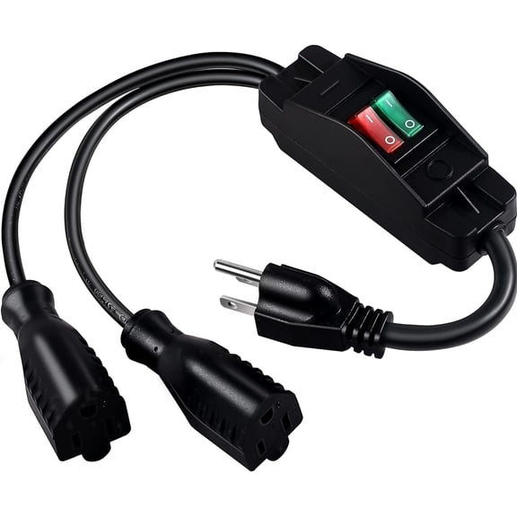 2 Way Extension Cord with On/Off Switch, 3 Prong Outdoor Extension Cord Splitter, Heavy Duty SJTW 14AWG 15A/125V and 18AWG 10A/125V Power Cord (1.6 Ft, Black)