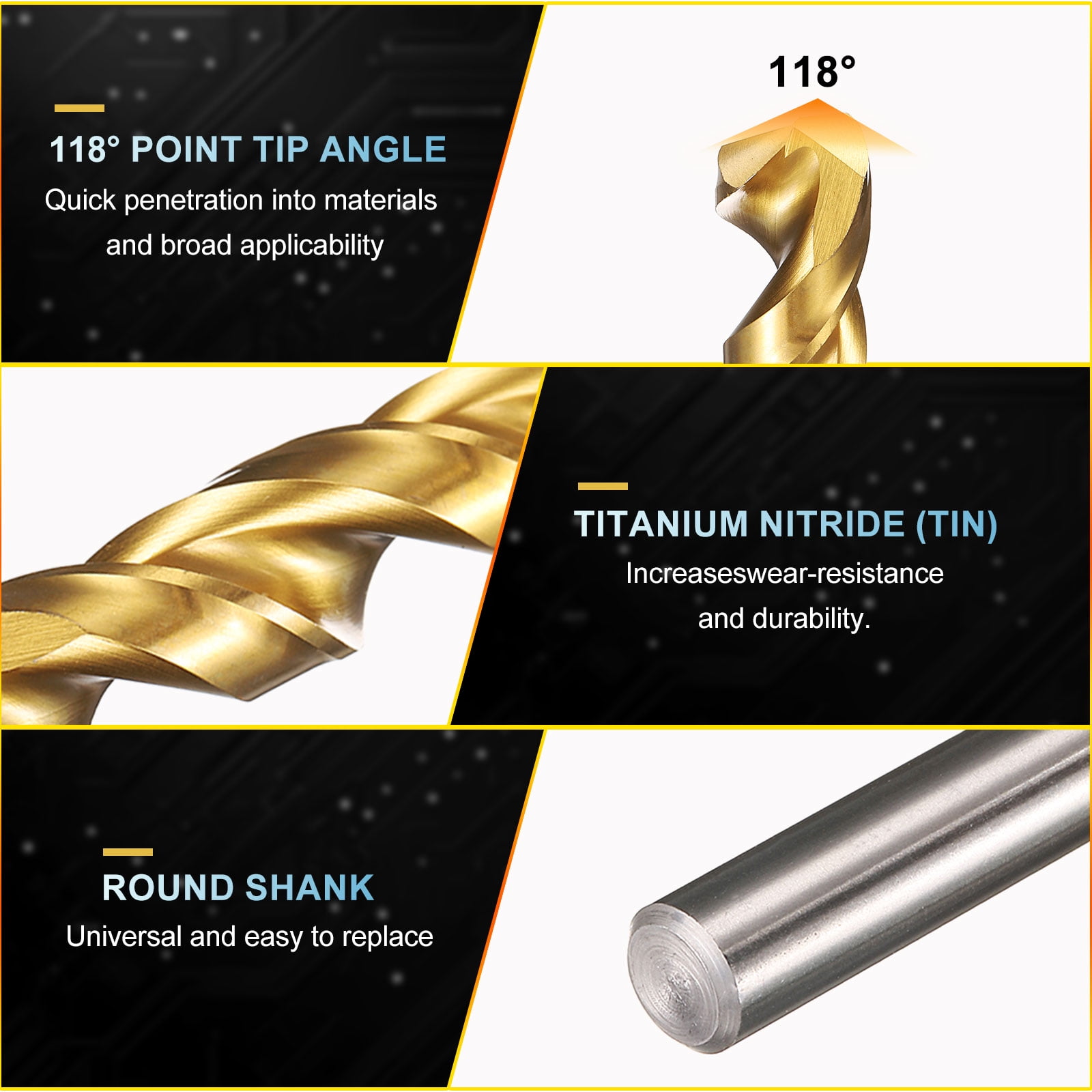Uxcell 1/2" Drill Bit, Jobber Straight Shank 4341 High-Speed Steel 11 Drill Bit, Jobber Straight Shank 4341 High-Speed Steel 118° TiN Coated for Medium-hard Metal Steel Acrylic - 2 Pack