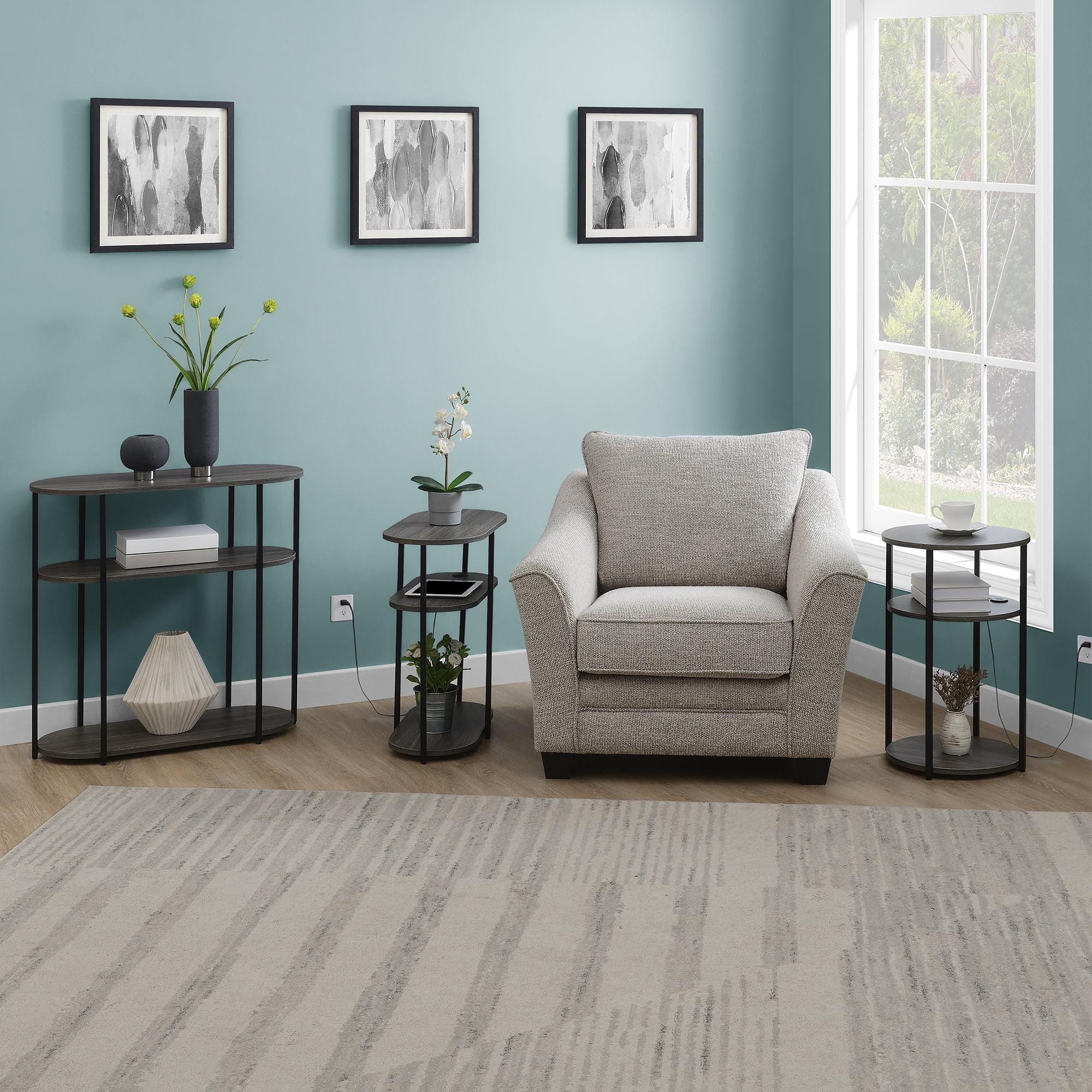 Convenience Concepts Designs2Go Simon 3 Tier Oval Entryway Hall Table, Weathered Gray/Black