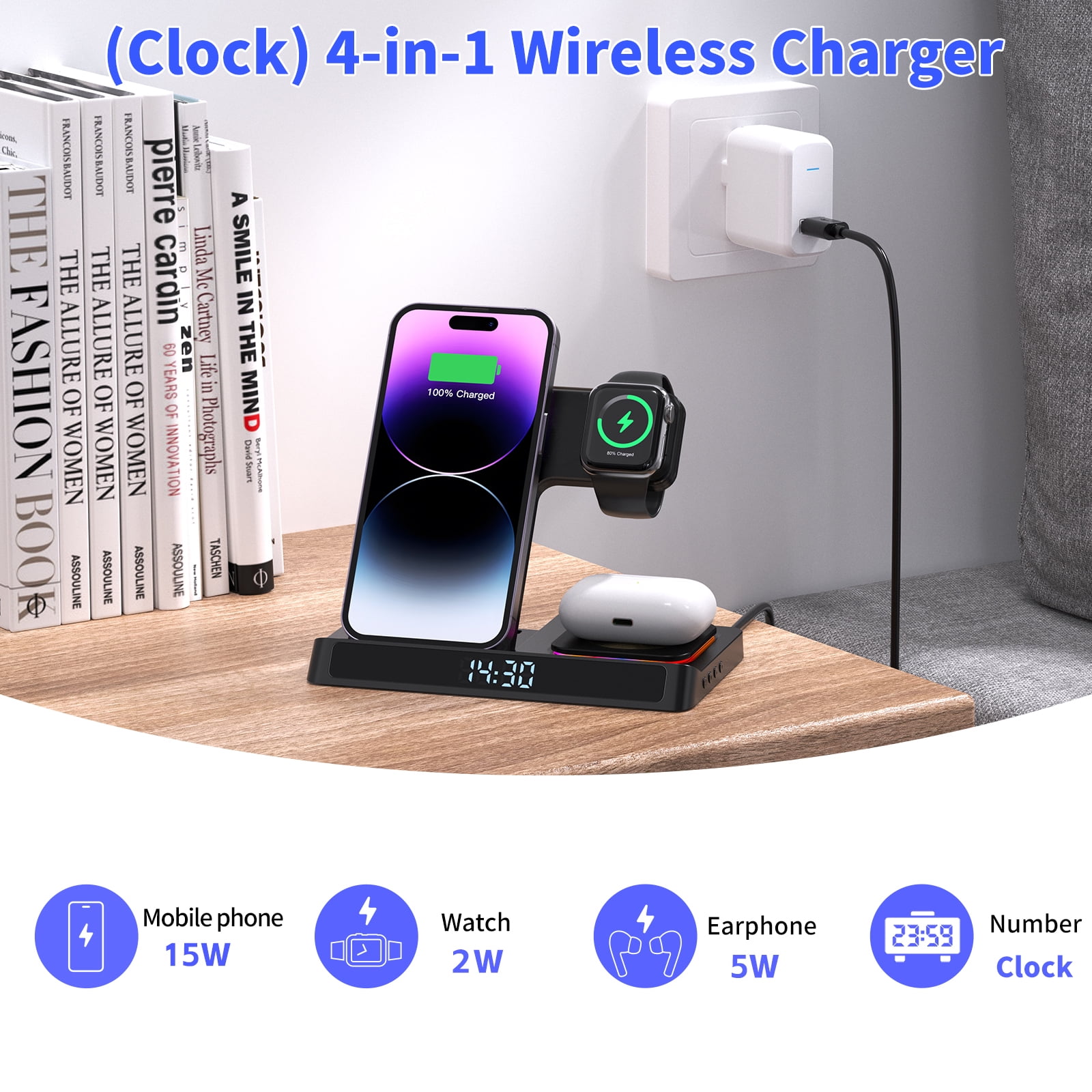 Wireless Charger iPhone ,Foldable 4 in 1 Fast Charging Station for Apple iWatch , Airpods ,iPhone with Clock and QC3.0 Adapter Black