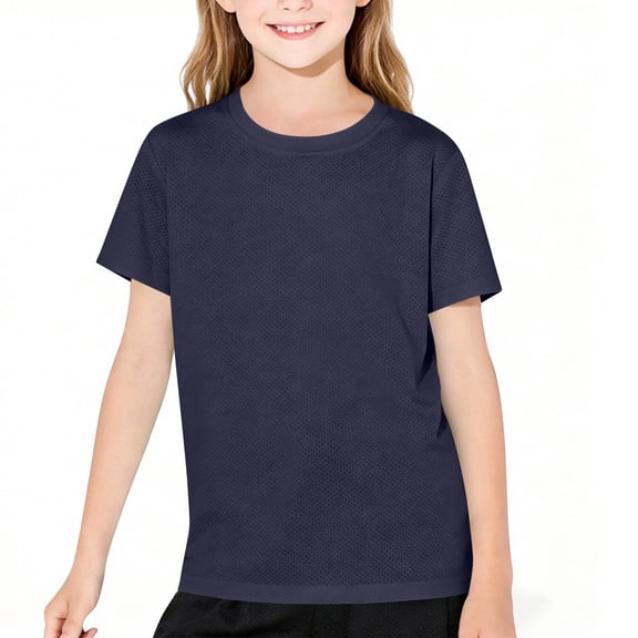 CQONEPT Girls Athletic Short Sleeve T Shirts Teen Crewneck Quick Dry Performance Sports Solid Color Tops Tees Navy 160