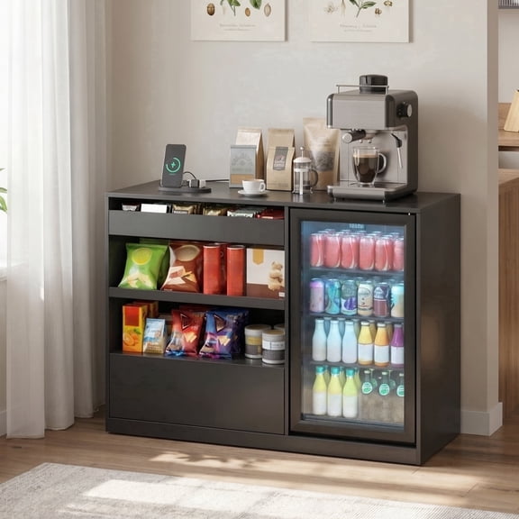 Melidee Snack Bar Cabinet with Fridge Space Modern Power Outlets 2 Drawers 51.2 in