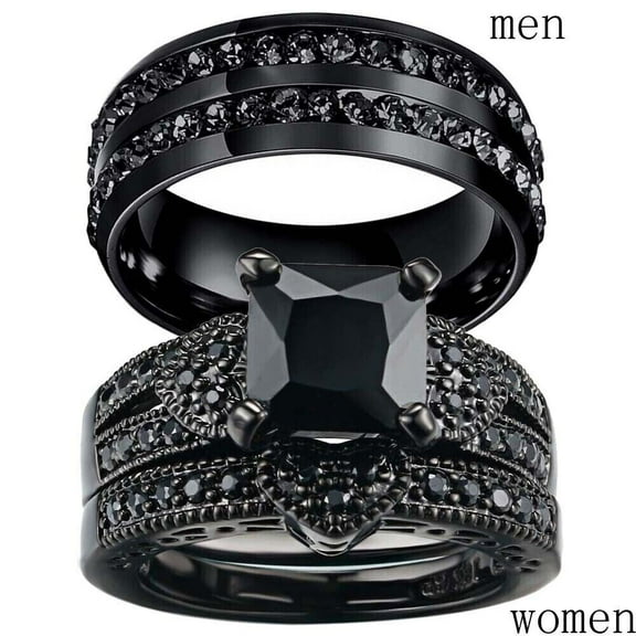 Diastar Jewels Couple Ring Set Princess Cut Cubic Zirconia 14K Black Gold Finish Silver Ring Set