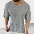 thumbnail image 3 of FINALGANG Mens Solid Color Crew Neck Short Sleeve Knit TShirt With Distressed Ripped Frayed Loose Fit For Casual Wear Festival Activities Versatile Tee, 3 of 3