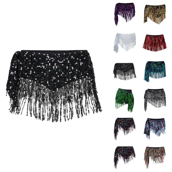 Womens Belly Dance Skirt Sparkly Sequin Fringe Belly Dancing Skirt Latin Dance Hula Hip Scarf Sequin Tassel Skirts