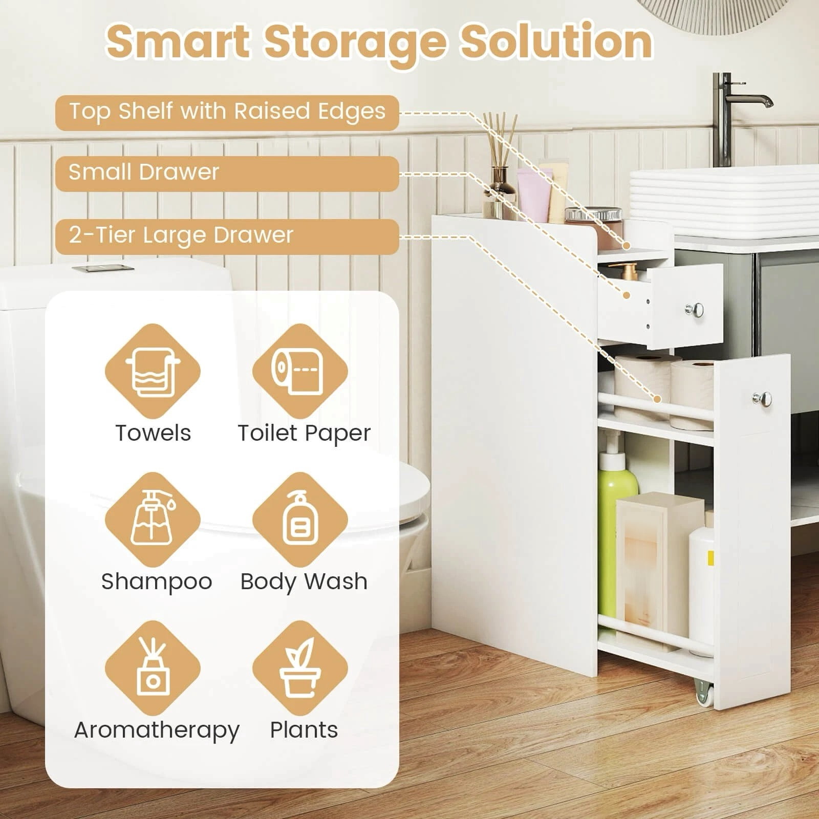 Harmijoy Small Bathroom Storage Cabinet 4-Tier Narrow Toilet Side Storage Cabinet