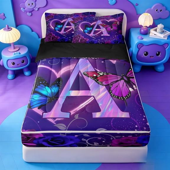 meiyoeat Purple Butterfly Rose Monogram A Zipper Twin Comforter Sets with Fitted Sheet and 2 Pillowcases,Neon Heart Initial Zipper Bedding Set For Girl,Black Reversible,4-Piece