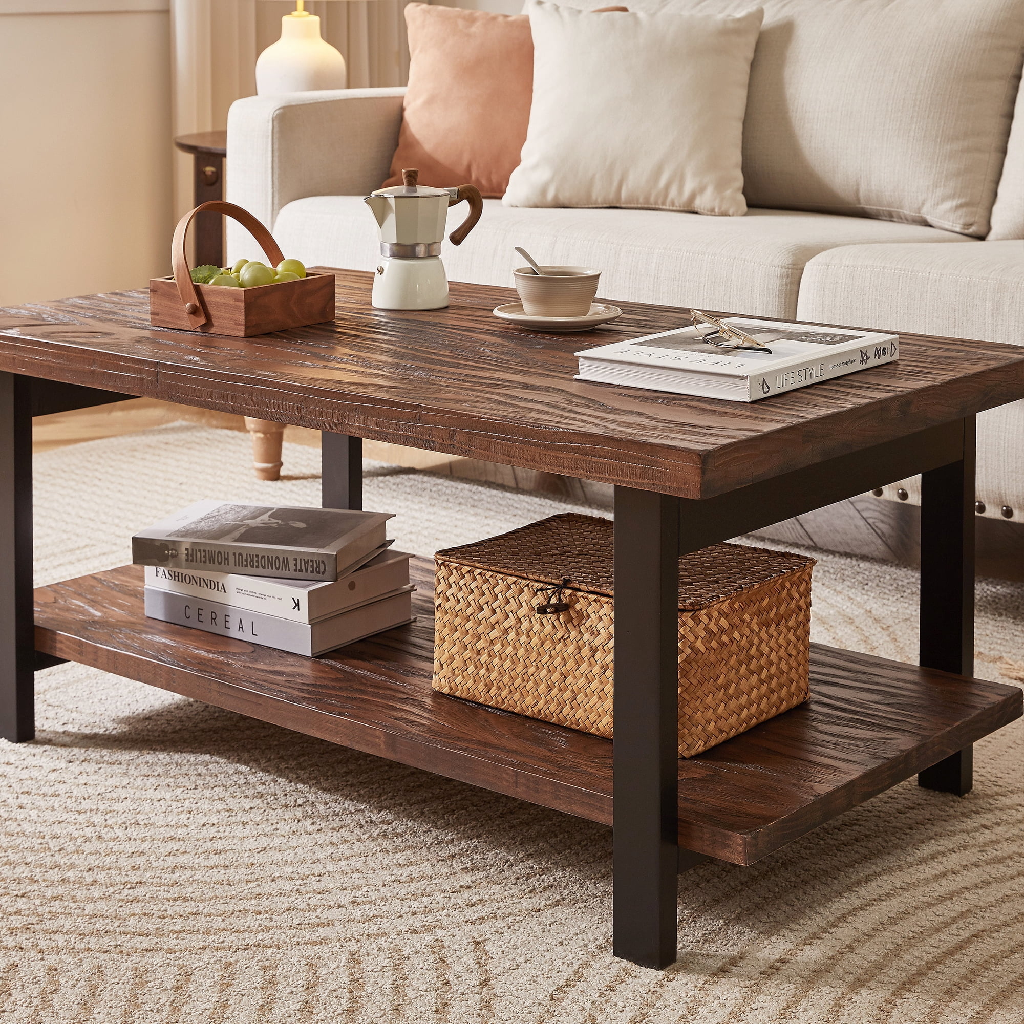 100% All‑Solid‑Wood Farmhouse Rustic Rectangle Coffee Table, Living Room Coffee Table with Open Storage Shelf, Heavy‑Duty Home Furniture
