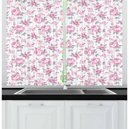 Shabby Chic Curtains 2 Panels Set Pink Roses With Grey Leaves