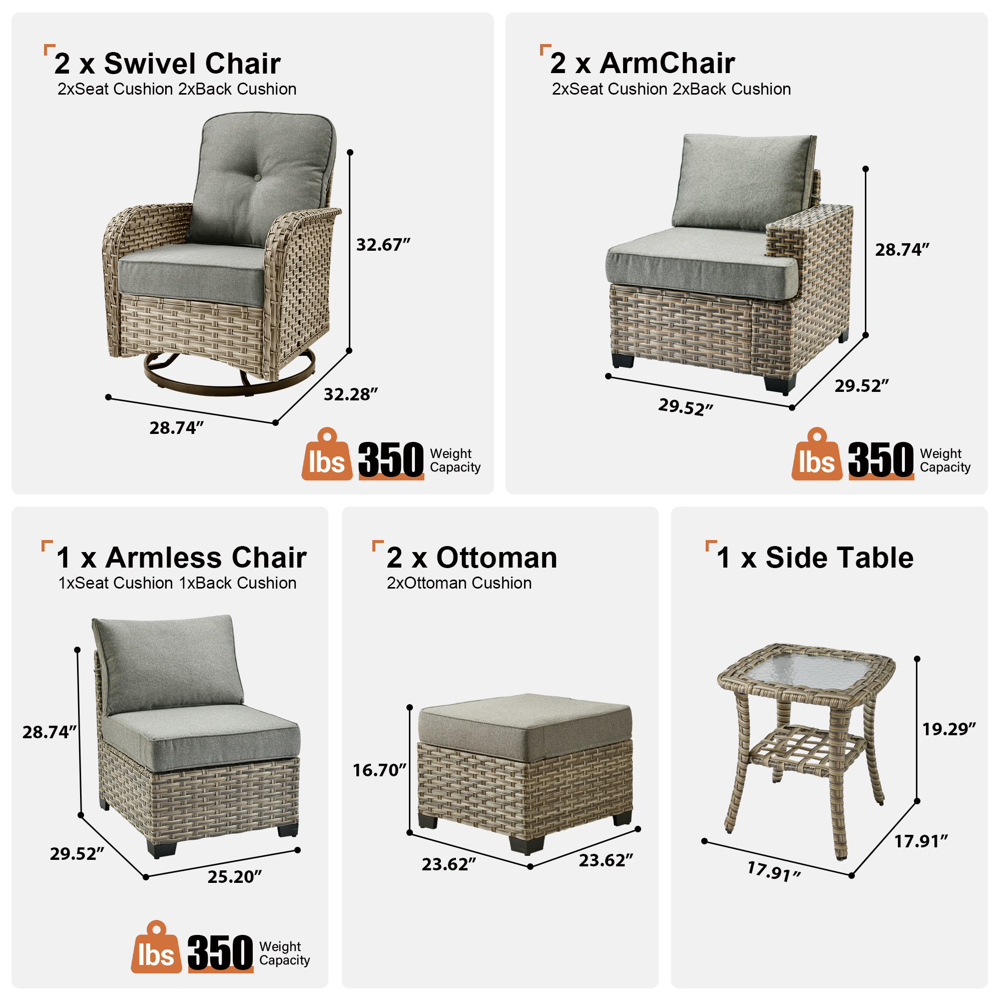 Toject 8 Pieces Patio Furniture Set, All Weather Wicker Patio Conversation Set with Swivel Chairs, Outdoor Furniture with Ottoman for Garden, Dark Gray