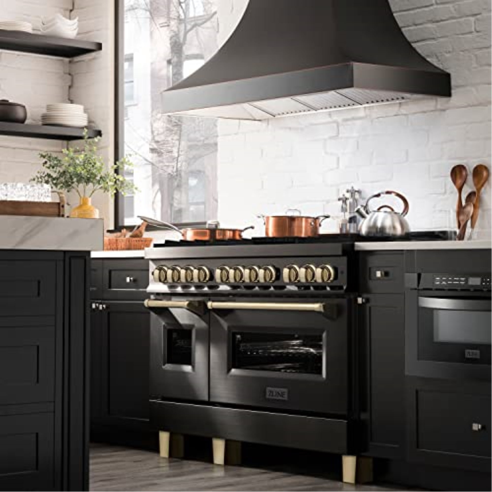 ZLINE 48 in. Autograph Edition Dual Fuel Range in Black Stainless Steel with Gold Accents (RABZ-48-G)
