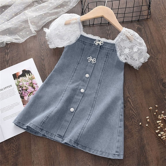 CUZIBR Little Girls Toddler Summer Dress Button Down Denim Lace Mesh Patchwork Square Collar A-Line Short Sleeve Casual Party Birthday Breathable Outdoor Dresses Dailywear,Blue,3-4 Years