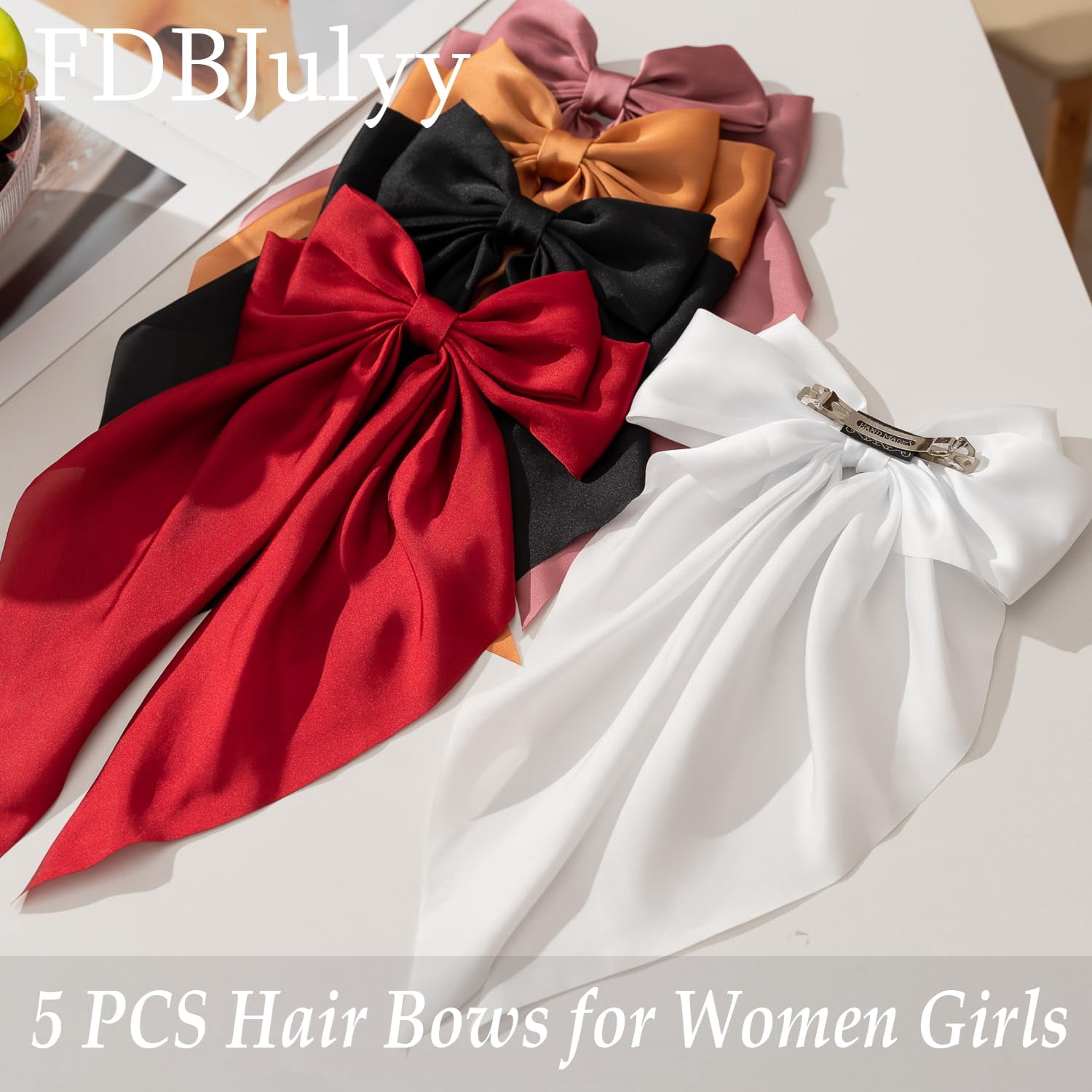 Black Satin Hair Bows and Clips Set for Women & Girls - 5 PCS Bow-knot Hair Clip, Big Bows Claw Clips, Non-Slip Clip for Thick and Thin Hair