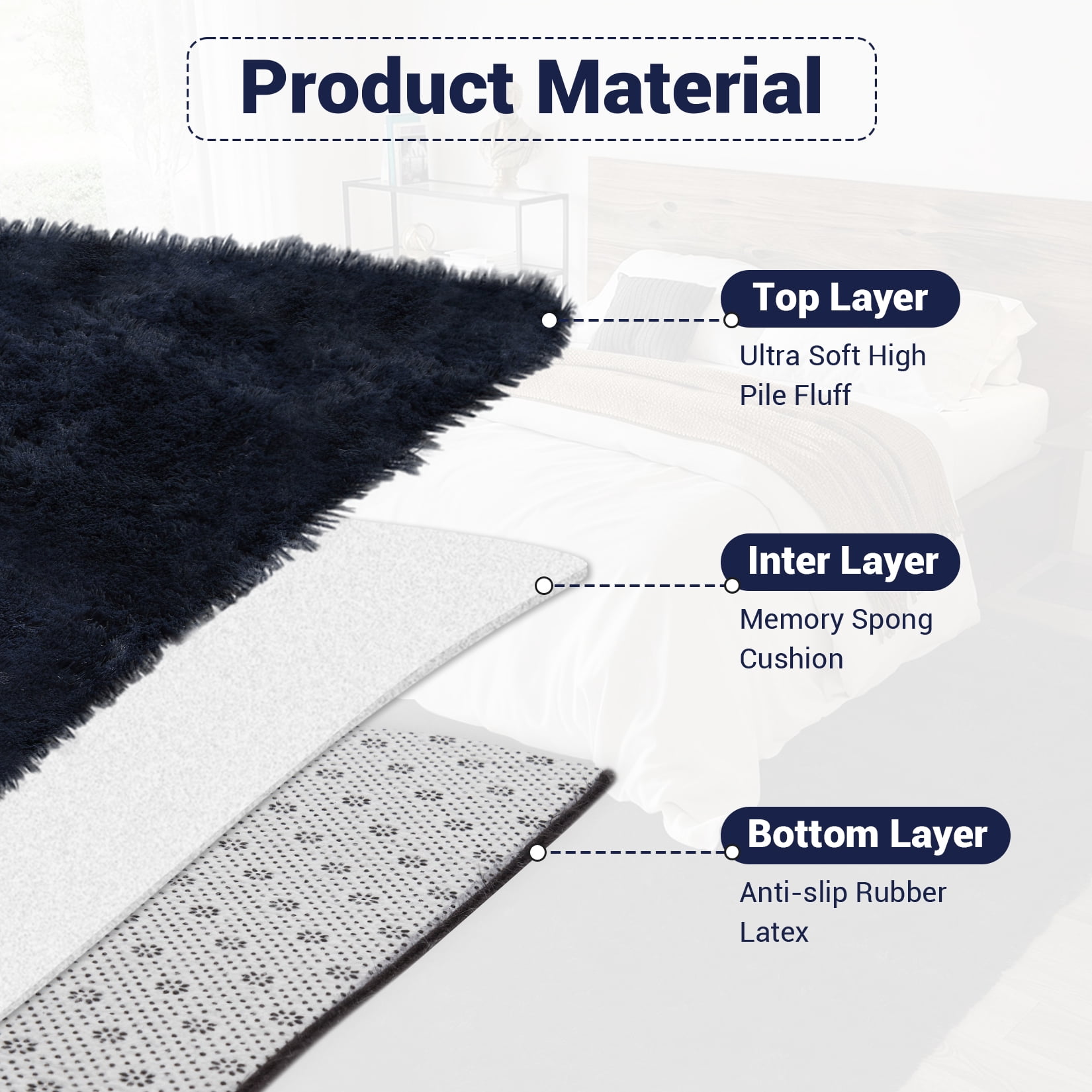 Hasoo Shag Area Rug 6' x 9' Indoor Plush Fluffy Rugs Shaggy Carpet Rugs for Bedroom Living Room, Dark Navy Blue