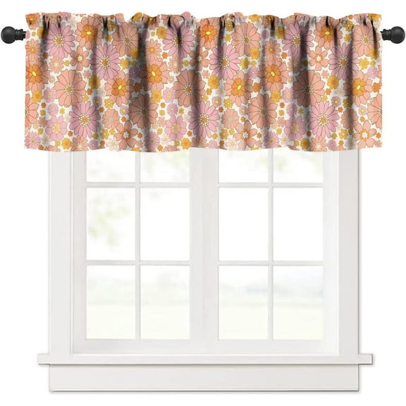 Retro Flower Valances Curtains Vintage 70''s and 60''s Style Pink Orange Floral Windows Short Curtain Valance for Kitchen Living Room Bathroom Bedroom Decor with Rod Pocket, One Panel 54X18 Inches