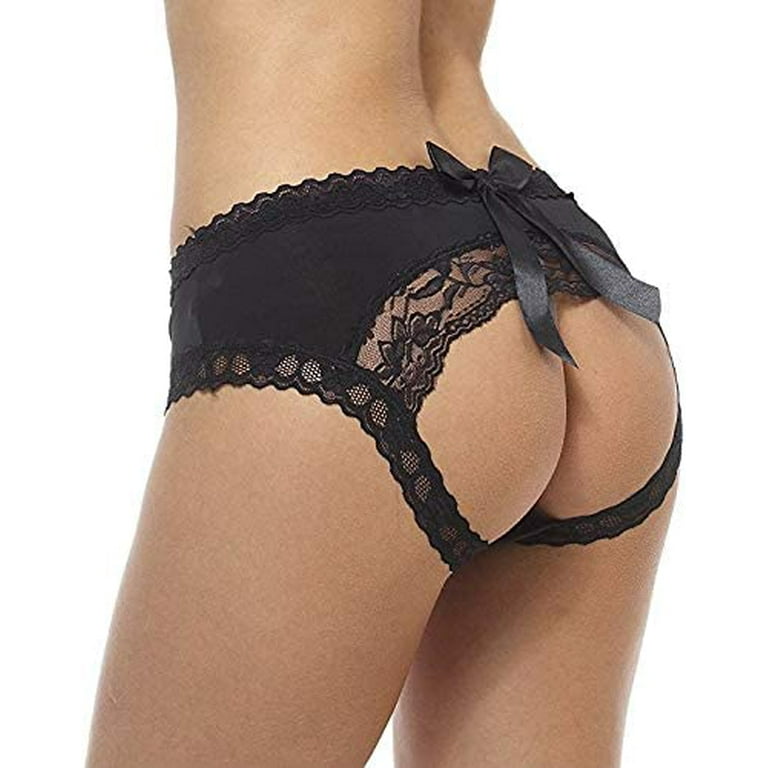 Women Sexy Crotch Panties Floral Lace Midnight Briefs Cross Strappy Bow-Tie  Underwear 