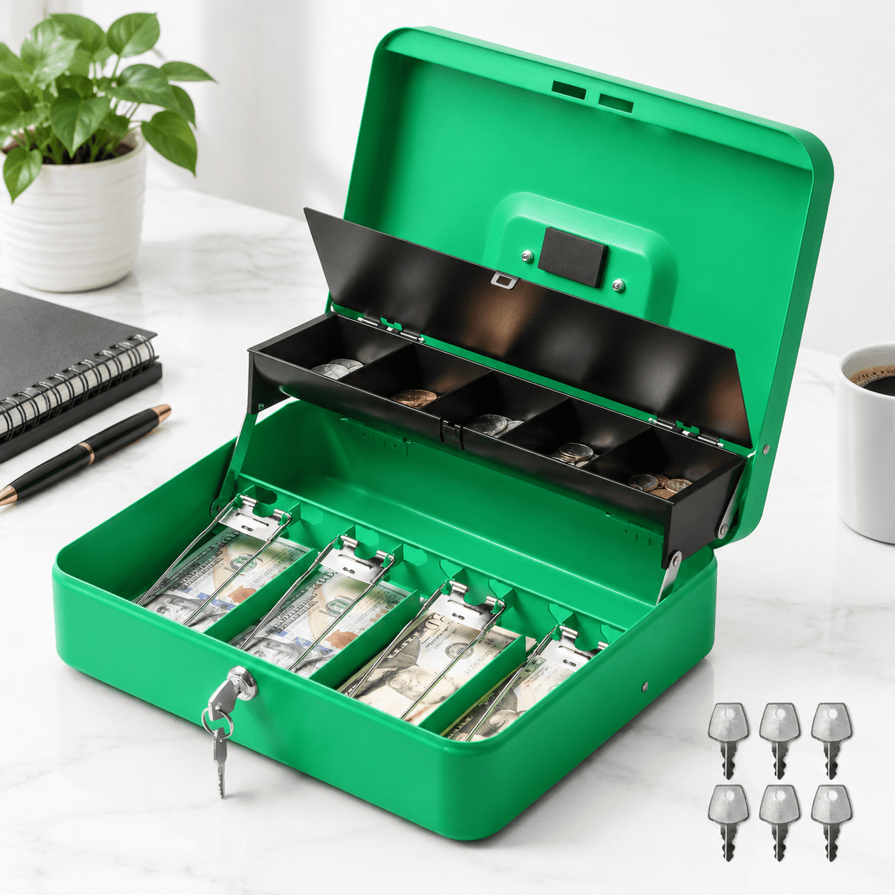 Large Green Lockable Metal Box with Key Lock for Portable Money Storage