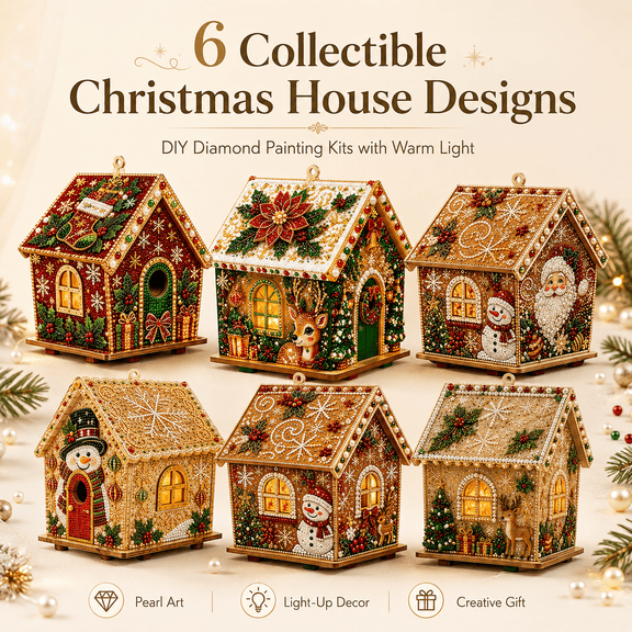 3D Christmas House Diamond Painting Kits for Adults, Wooden Pearl Bead Holiday Craft Kit with Decorative Gems, DIY Christmas Tabletop House, Red Stocking & Holly