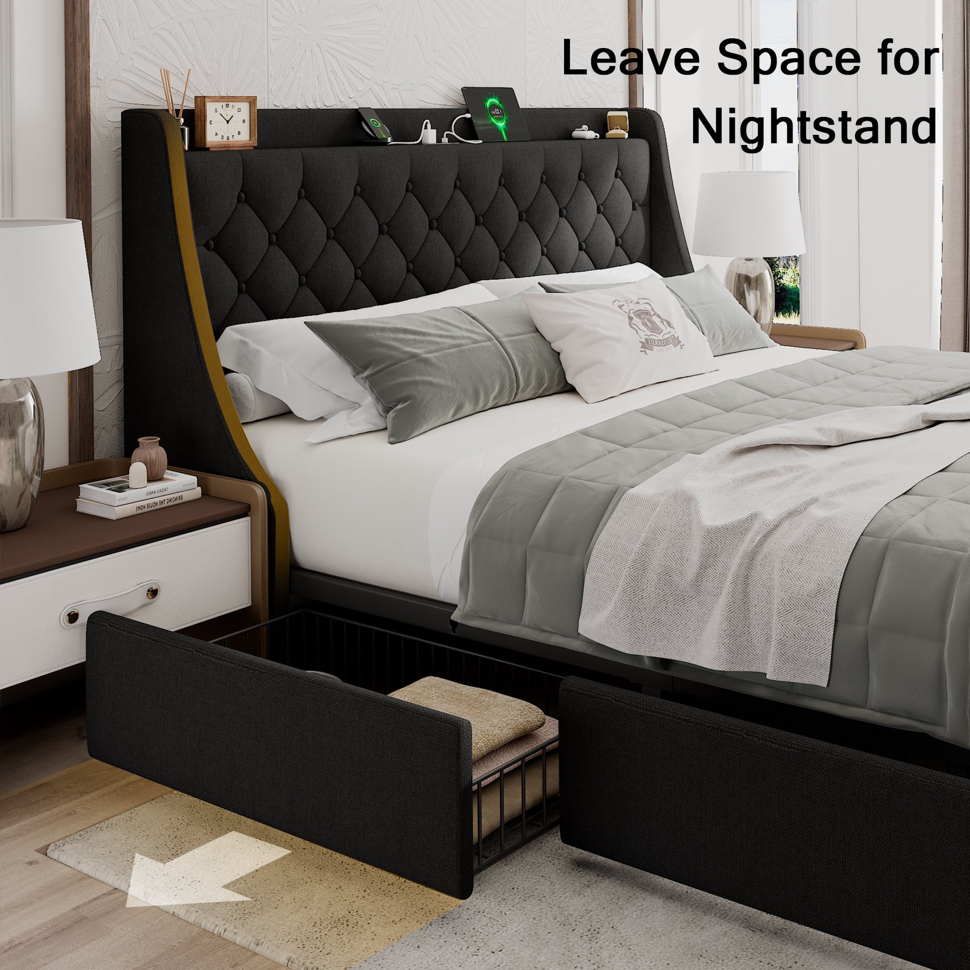 Honfach King Bed Frame with 4 Storage Drawers, Upholstered Platform Bed Frame with Type-C & USB Ports, Wingback Storage Headboard,Black
