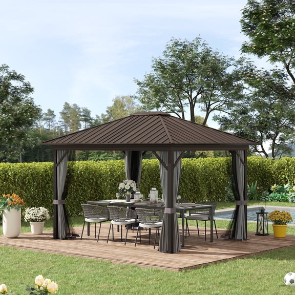 Outsunny 10' x 12' Hardtop Gazebo with Curtains and Netting, Gray