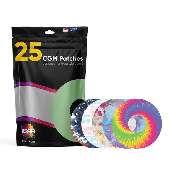 Peelz Freestyle Libre 3 Sensor Covers 25 Pack - US-Made Waterproof CGM Sensor Patches for 15+ Days - Sensitive Skin Diabetic Patches for CGM - (Tie Dye Pack)