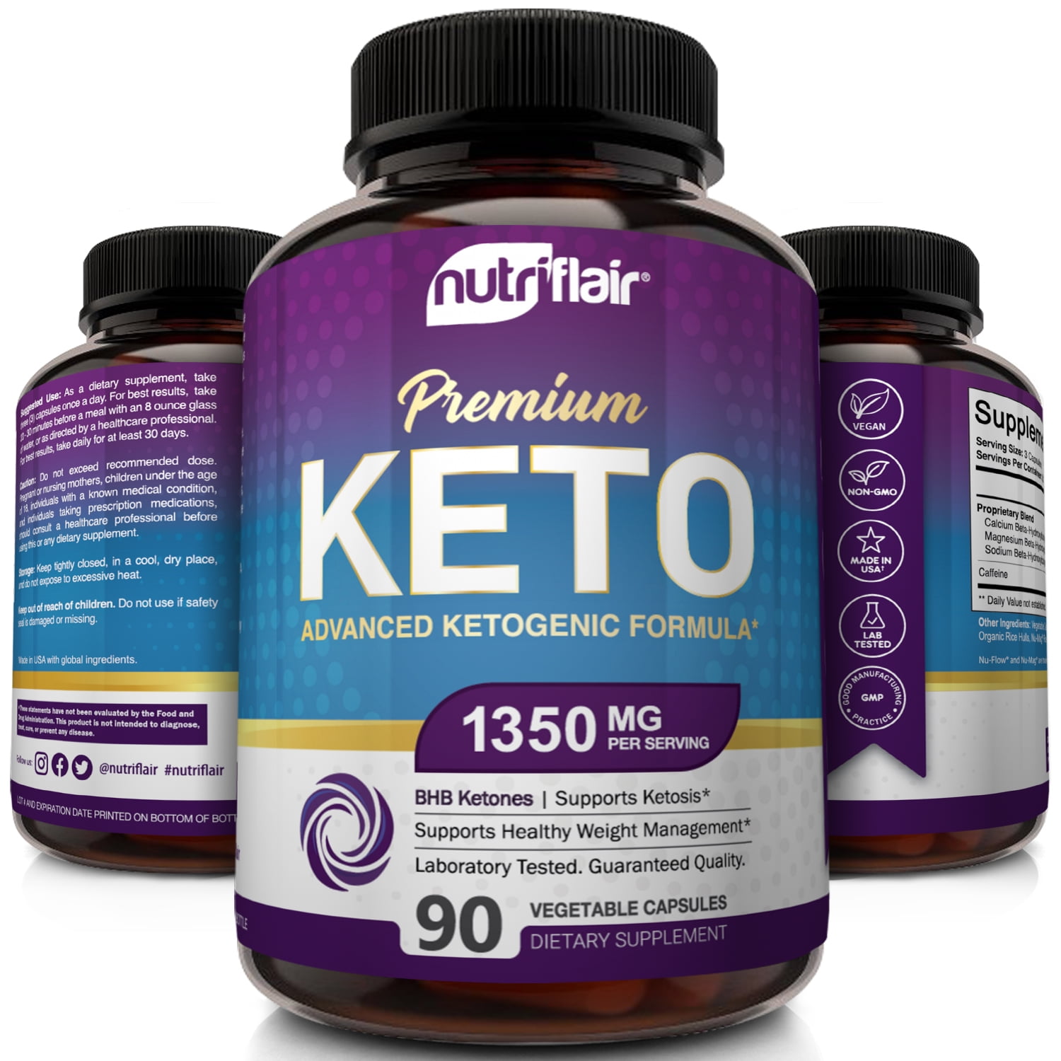 NutriFlair Keto Diet Pills 1350mg, 90 Vegetable Capsules - Keto Advanced Weight Loss Exogenous Ketones Keto Pills Fat Burner