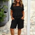 thumbnail image 2 of AHTJRT Cotton Linen Set for Women Lightweight Casual Outfits Dressy Crewneck Short Sleeve Top and Loose Shorts Black L, 2 of 7