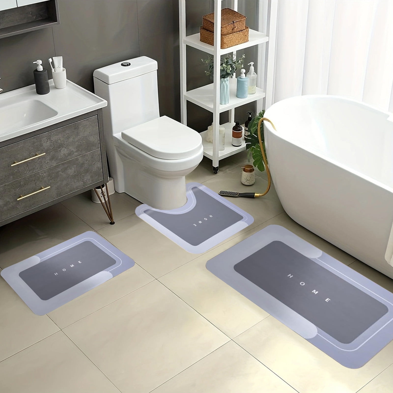 Tuvgenk Bathroom Mat Sets 3 Piece Blue Non Slip Bathroom Rug Sets Absorbent Machine Washable Quick Drying U Shaped Floor Mats for Home