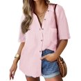 thumbnail image 1 of Camisa HOTOUCH de lino con botones para mujer, manga corta, color rosa S, 1 of 5