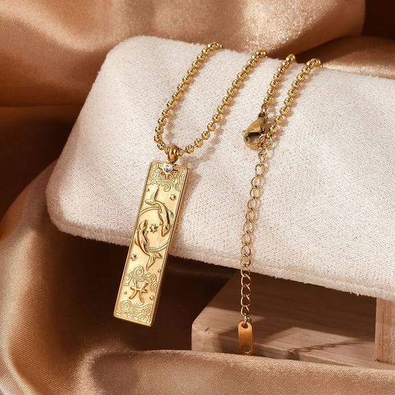 304 Stainless Steel Clear Cubic Zirconia Rectangle Constellation Pendant Necklaces for Women Men Real 18K golden Plated Pisces 18.07 inch(45.9cm)