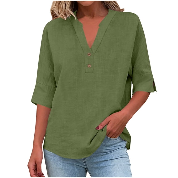 Notched Henley Neck Two Button Cuffed Three Quarter Sleeve Cotton Linen Top for Women Solid Color Spring Summer Blouse 3XL-5XL Plus Size