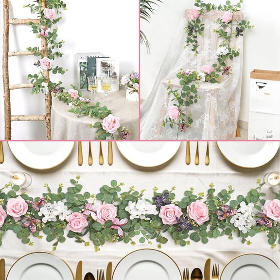 6ft Rose & Butterfly Artificial Garland Vines - Spring Wedding Party Decor for Centerpieces, Table Runners & Home Ambiance - Romantic Floral Vines for Festive Celebrations, 70.87in/180cm, Green