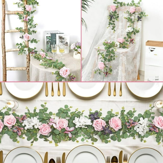 FcBaudy Home Decor, Room Decor, 6FT Artificial Garland With Flowers7 White Roses Breath Garland Floral Garland For Wedding Party Centerpiece Table Runner Decor Plast ic Simulated green plants
