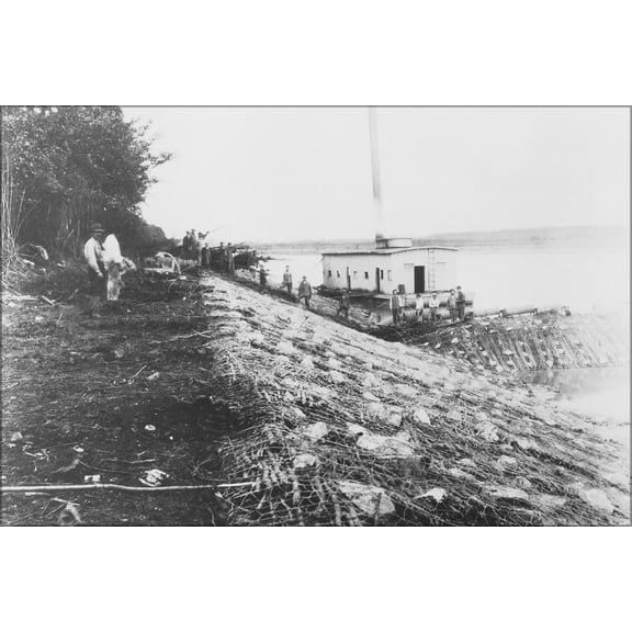 24"x36" Gallery Poster, Men laying wire mattress along the river bank 1910