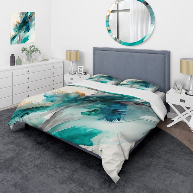 Designart "Celebratory Blues in Turquoise V" Abstract Liquid Ink Bedding Covert Set - Modern Blue Abstract Bed Set With 2 Shams