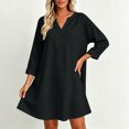 thumbnail image 5 of Women Solid V Neck 3/4 Sleeve Cotton Linen Mini Dress, Loose Casual Swing Dress, Breathable Vacation Dress Black XL(XL), 5 of 8