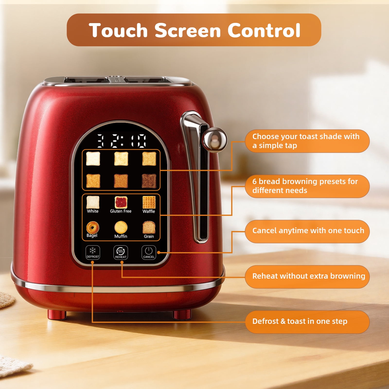 Mecity Easy Touch Screen Toaster 2 Slice – Retro Wide Slot Stainless Steel Toaster with Large Display, 6 Browning Levels, Bagel, Defrost & Reheat, Removable Crumb Tray, Red Pearl