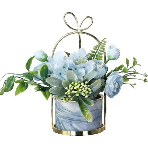 Artificial Flowers Hydrangea with Ceramic Vase Silk Chrysanthemum Mini Potted Fake Flowers Hanging Potted Plants for Wedding Home Office Decoration Pack of One (White)