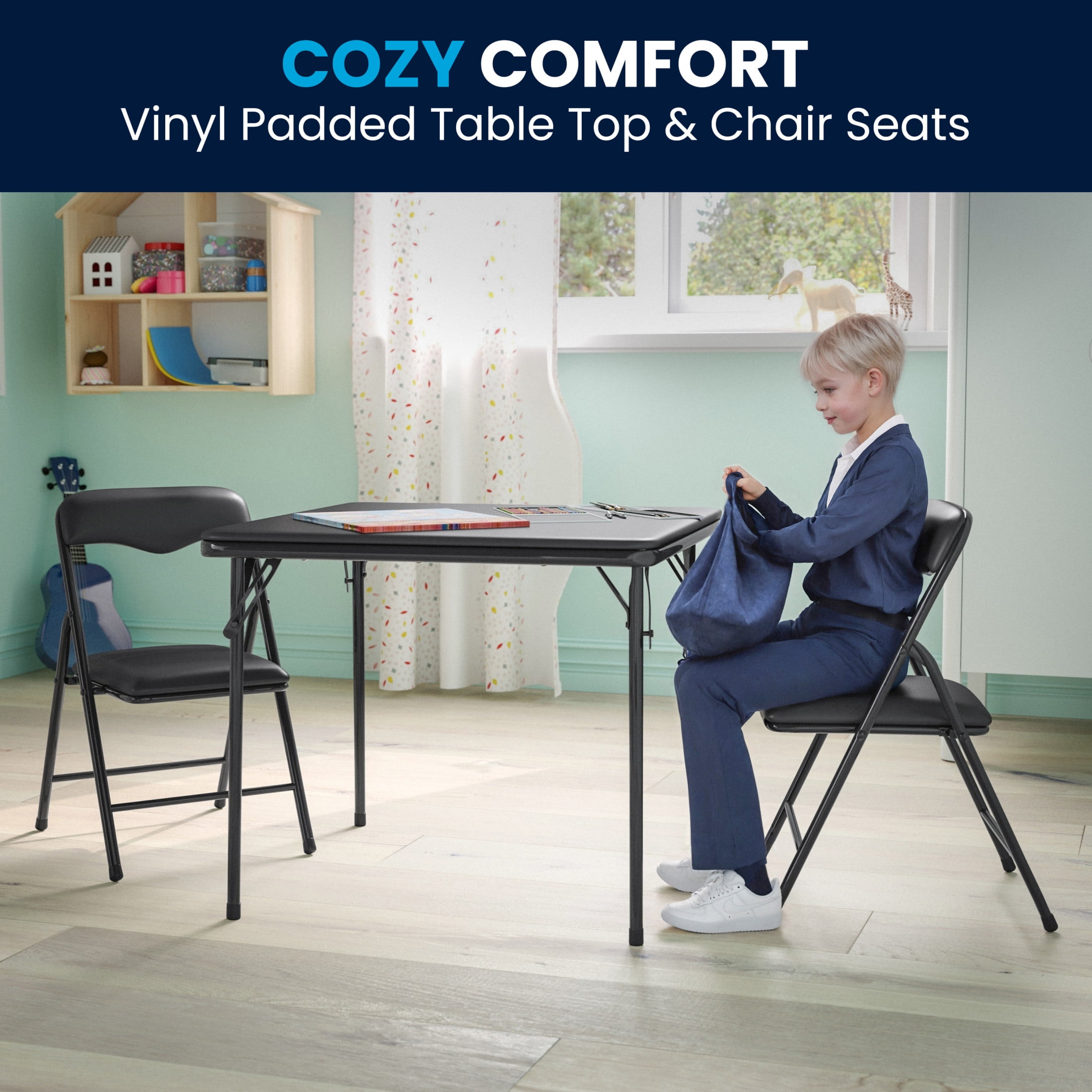 BizChair Kids Black 3 Piece Folding Table and Chair Set