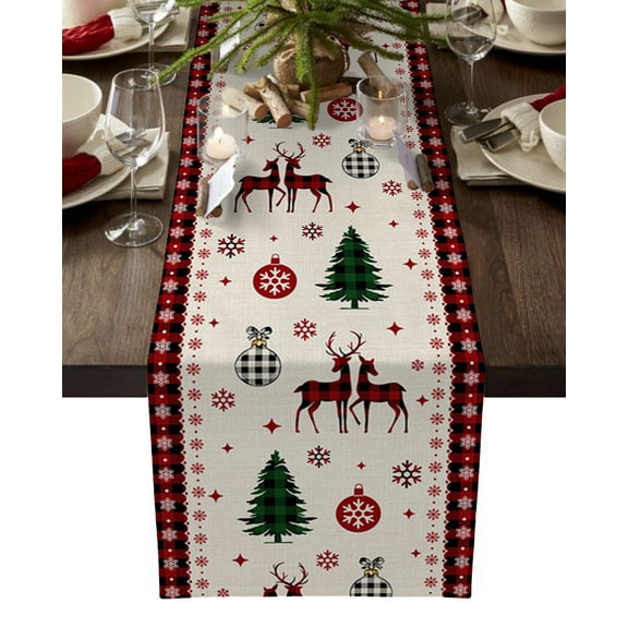 Christmas, Table Runner 72 Inches, Retro Plaid Reindeer Snowflake Tree Xmas Ball Bed Runner Dresser Scarves Tabletop for Indoor Outdoor Parties/Ceremony/Banquet, 16" x 72"