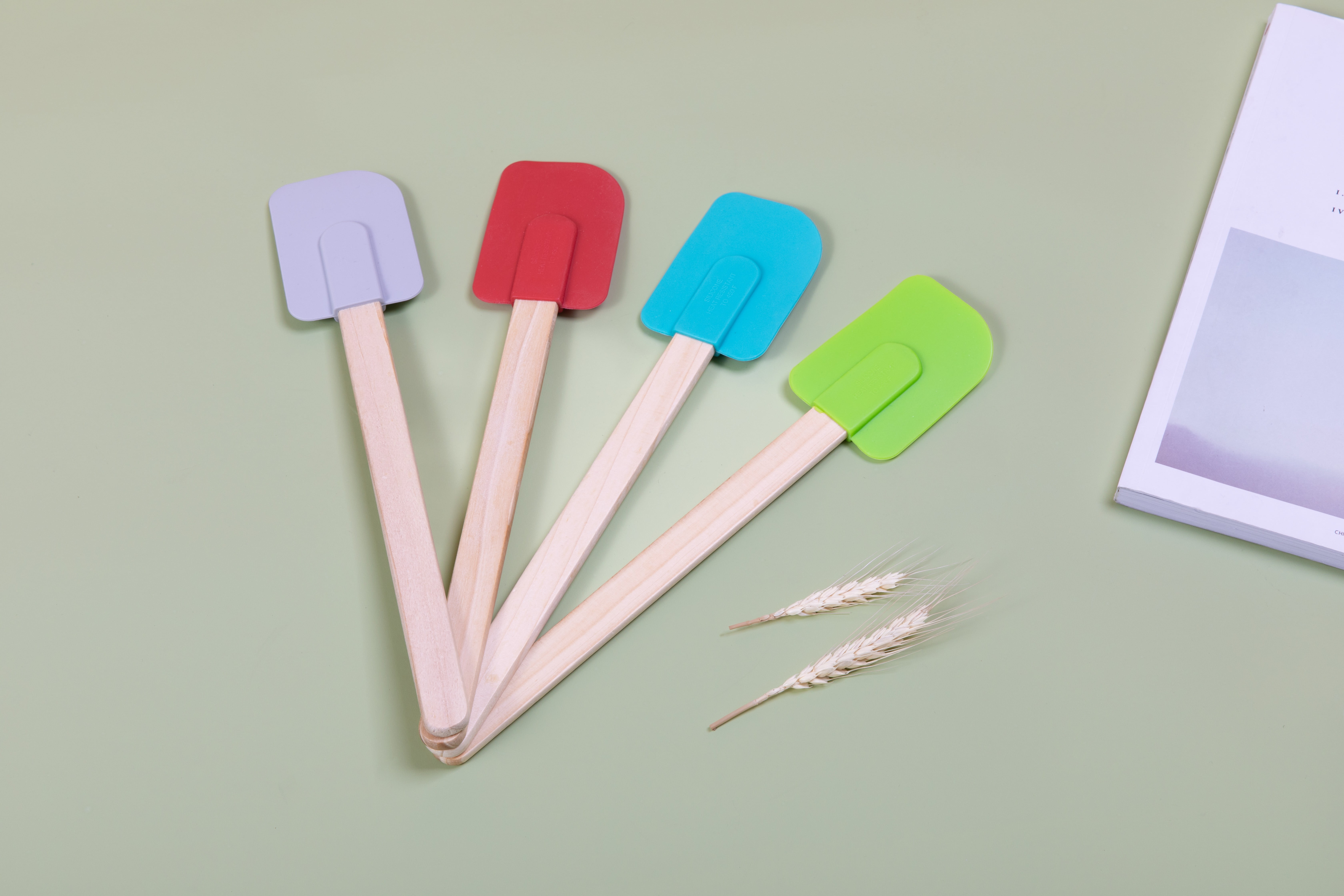 Mainstays Colorful Silicone Spatulas Set 4 with Wooden Handles, Red, Silver, Green and Blue Color