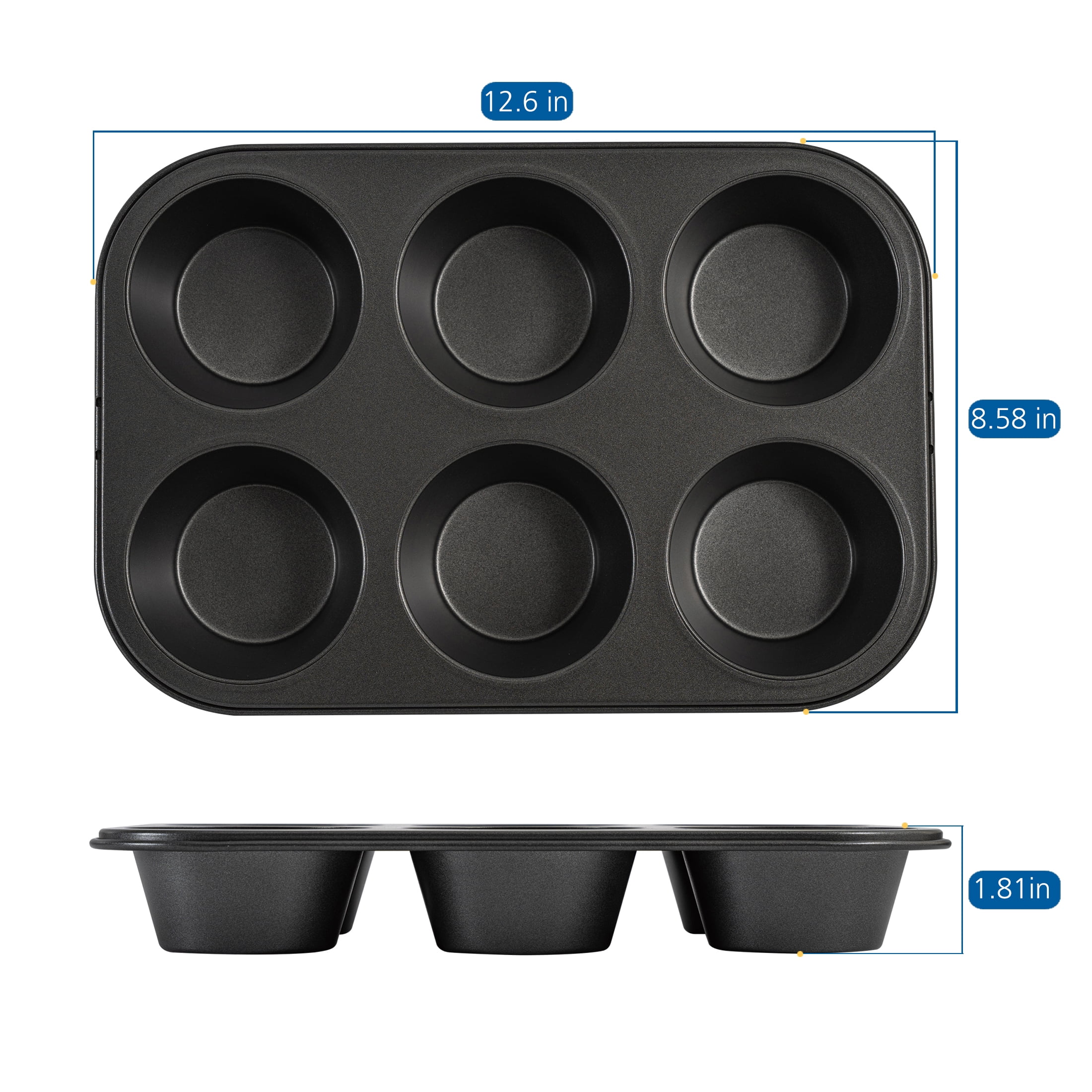 (3 pack) Mainstays 6 Cup Jumbo Muffin Pan, Non-Stick Bakeware,3.4 inch Diameter Cups,Gray,Carbon Steel