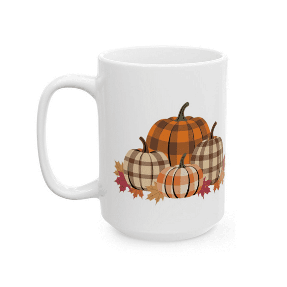 Plaid Pumpkin Coffee Mug 15 oz – Autumn Leaves Design – White Ceramic Cup for Coffee, Tea & Cocoa