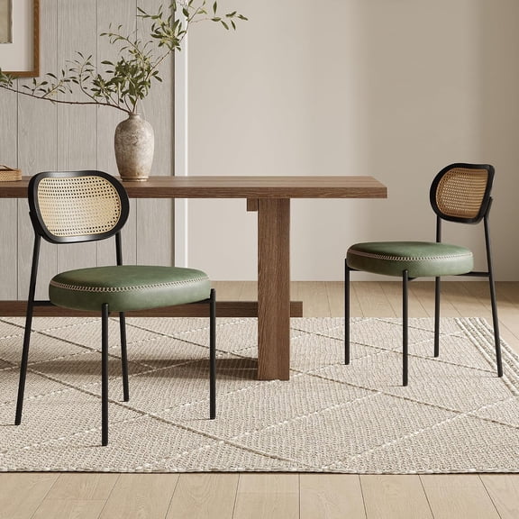 Green Leather Upholstered Dining Chairs Set of 2, Rattan Cane Back Mid Century Modern Dining Room Chairs w/Black Metal Legs & D-Shaped Cushion