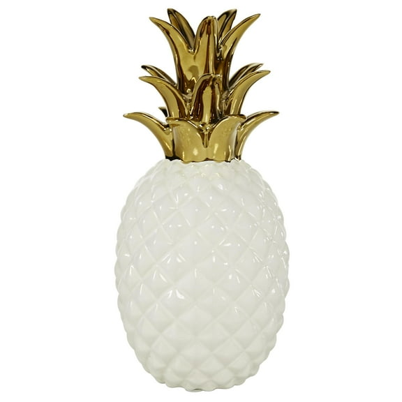 4" x 10" White Porcelain Ceramic Faceted Pineapple Fruit Sculpture with Gold Leaves, by CosmoLiving by Cosmopolitan