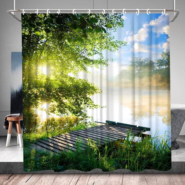 Spring Forest Scenic Shower Curtain - Green Landscape Summer Nature Theme, Polyester Fabric Bathroom Decor Set with Hooks, 70W x 70H Inch, Perfect for Creating a Peaceful and Natural Bath Environment
