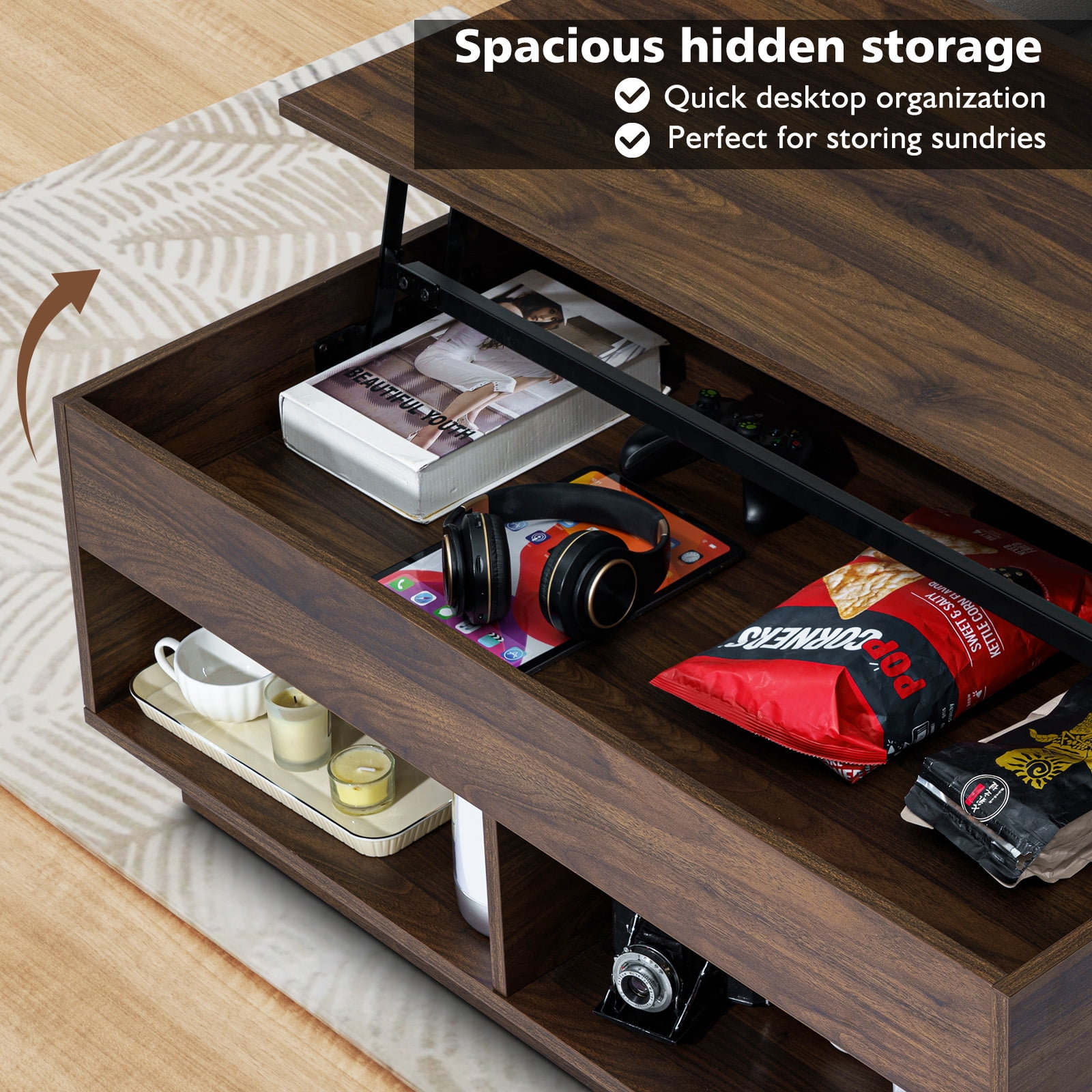 Hommpa Lift Top Coffee Table with Hidden Compartment LED Coffee Tables Dark Walnut Center Rising Cocktail Table for Living Room Accent Furniture