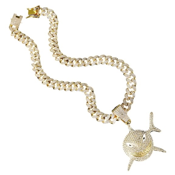 Gold Shark Pendant Necklace, Iced Out Chain with Cuban Link Chain, Gold Plated Hip Hop Bling Pendant, Zinc Alloy Animal Necklace, 19.7 in / 50 cm Circumference Necklace, Street Style